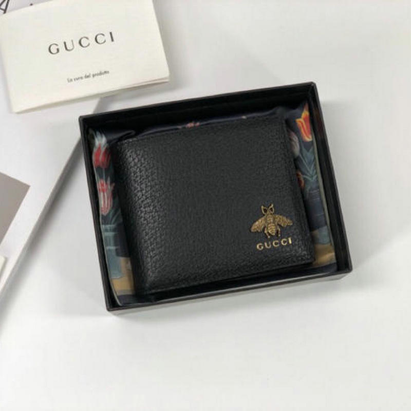 グッチ GUCCI 99-GG523664 2019年最新入荷 二つ折り短財布 ハチ ショートウォレット カーフスキン 黒 メンズ