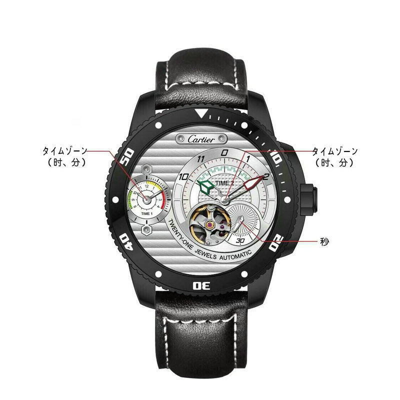 カルティエ CARTIER ZX-CAT19015 2019年最新入荷 ダブルタイムゾーン ウォッチ 腕時計 メンズ 時計 本革ベルト