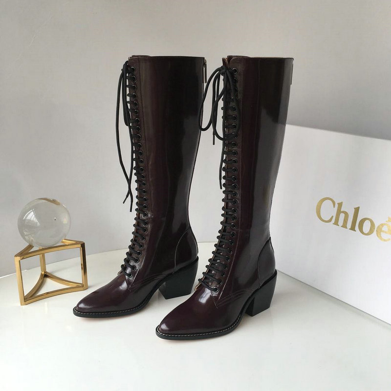 クロエ CHLOE 26-CLE7903 2018年秋冬最新作 ロングブーツ レースアップ ローヒール ブーツ シューズ レディース 靴 パテントレザー 黒 2色