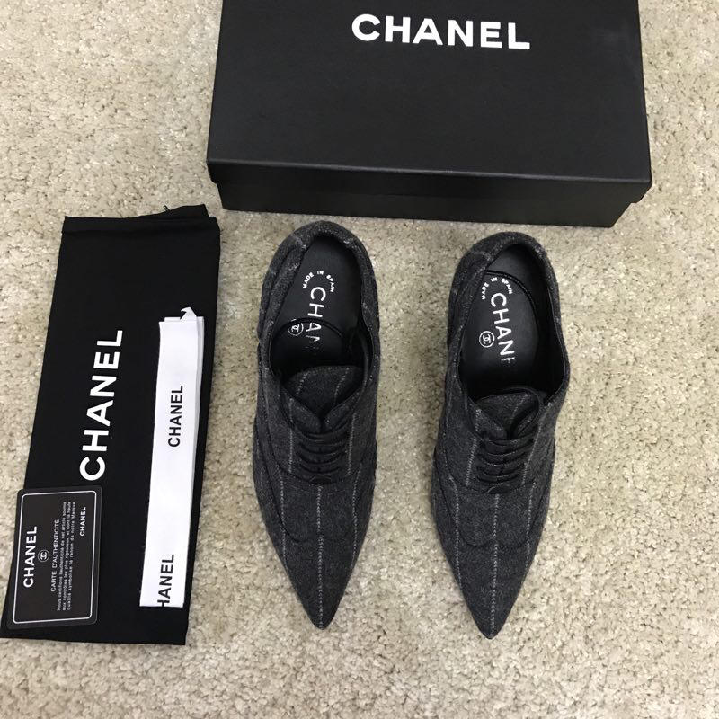 シャネル CHANEL 26-CH7322  2018年秋冬最新作 ハイヒールシューズ とんがりトウ アンクルブーツ レディース 靴 レザー レースアップ ダークグレー