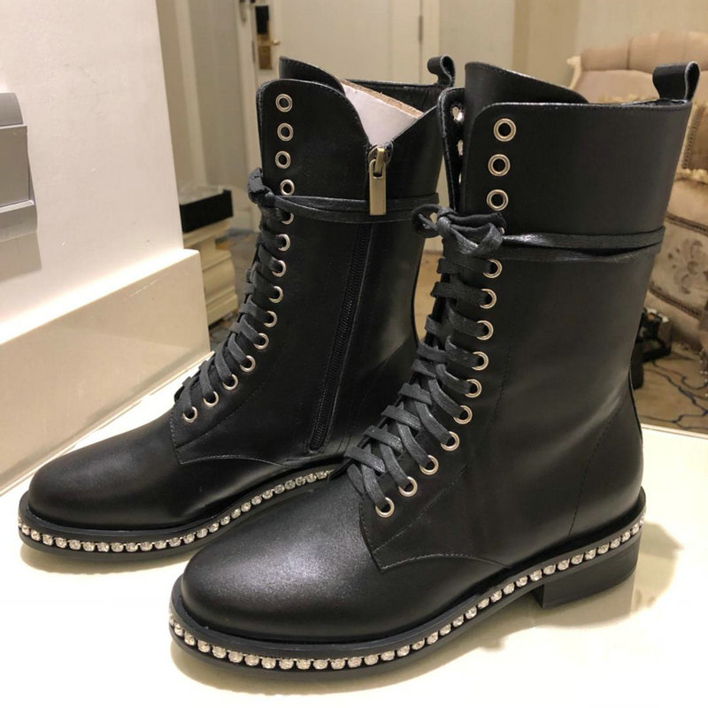 グッチ GUCCI  26-GG3314 2018年秋冬最新作 ミドルブーツ レディース シューズ 靴 カーフレザー クリスタル レースアップ ジッパー 黒