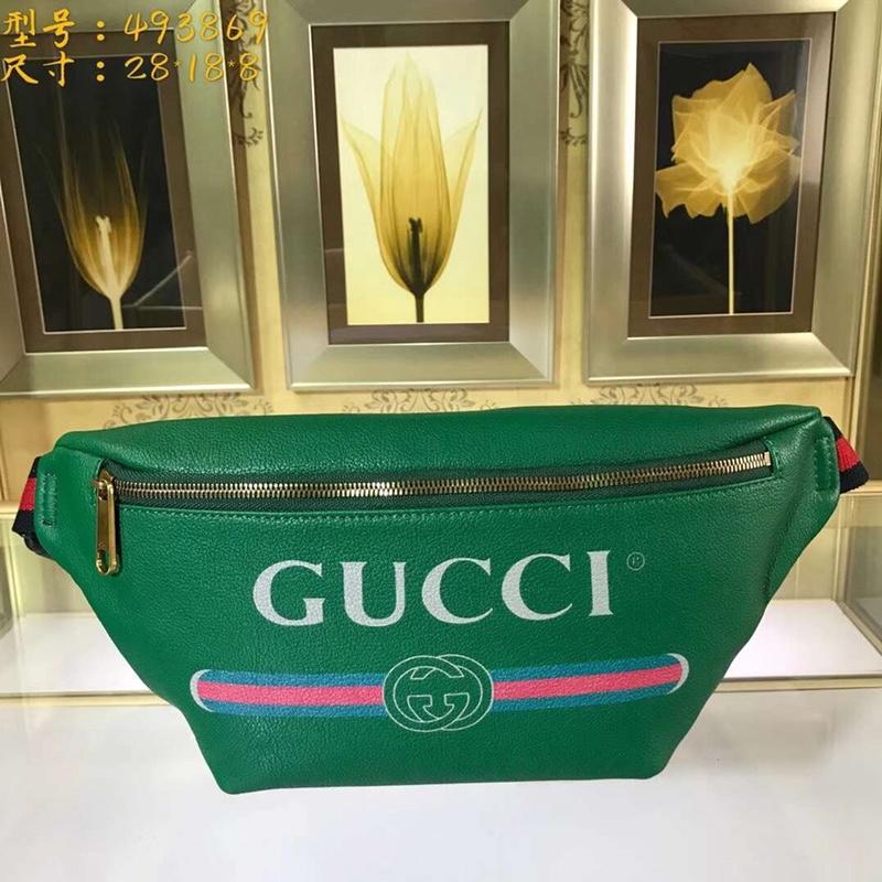 グッチGUCCI 057-GG493869G　2018年最新作 プリント レザー ベルトバッグ ウェストバッグ 緑 グリーン