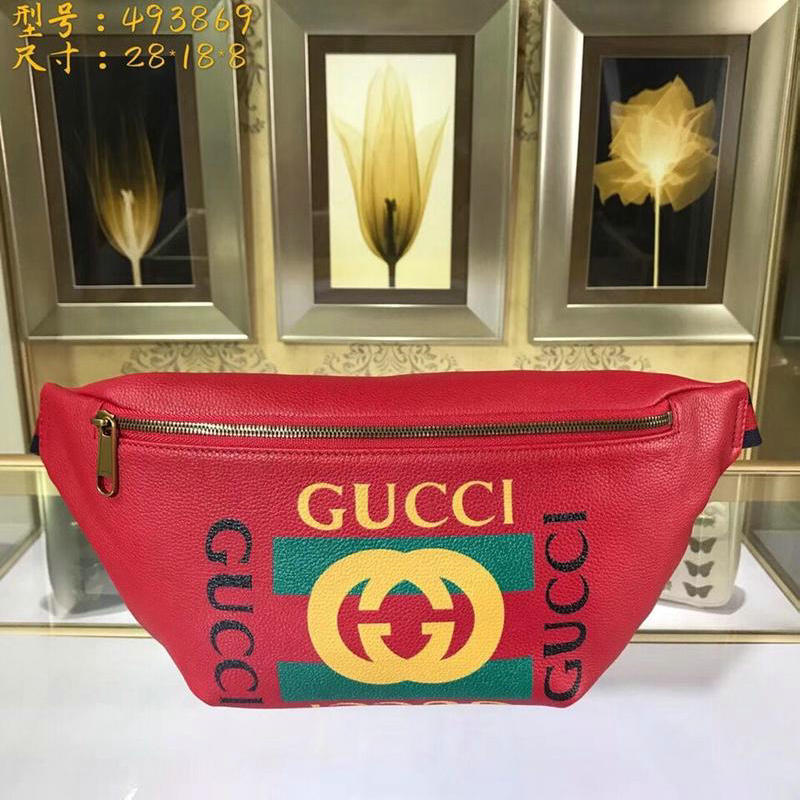 グッチGUCCI 057-GG493869R　2018年最新作 プリント レザー ベルトバッグ ウェストバッグ レッド