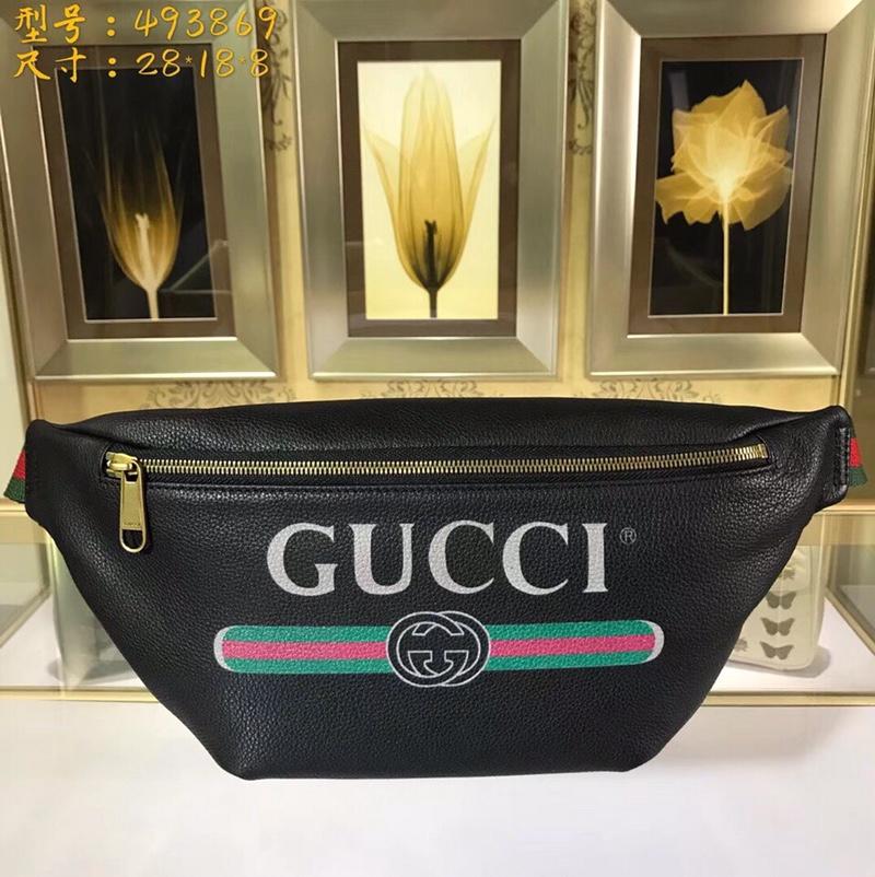 グッチGUCCI 057-GG493869K　2018年最新作 プリント レザー ベルトバッグ ウェストバッグ 黒