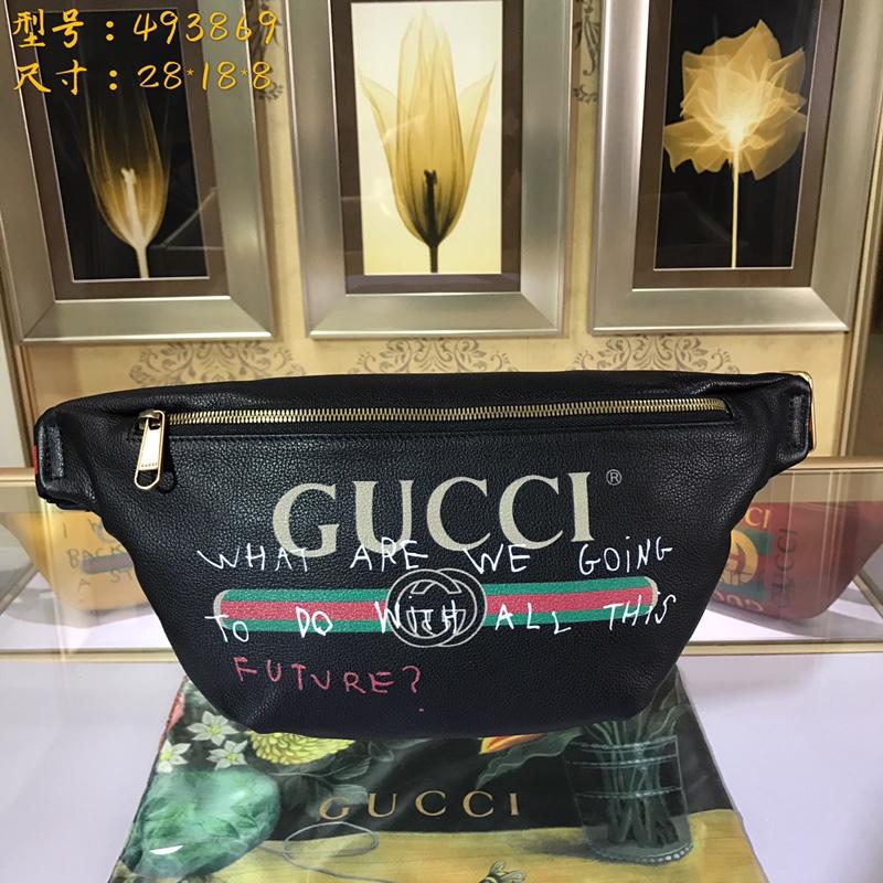 グッチGUCCI 057-GG493869YK　2018年最新作 プリント レザー ベルトバッグ ウェストバッグ 黒