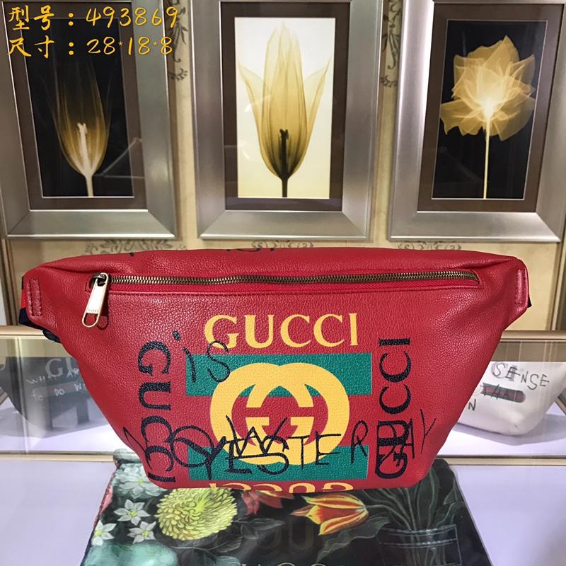 グッチGUCCI 057-GG493869YR　2018年最新作 プリント レザー ベルトバッグ ウェストバッグ レッド