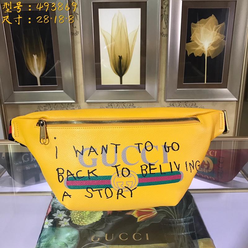 グッチGUCCI 057-GG493869YH　2018年最新作 プリント レザー ベルトバッグ ウェストバッグ イエロー