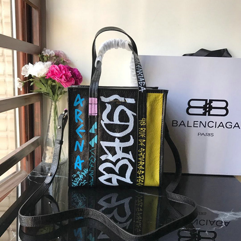 バレンシアガ BALENCIAGA  99-BA692 2019年最新入荷 グラフィティ バザール ショッピングバッグ ハンドバッグ トートバッグ 2way ショルダーバッグ ラムスキン 黒