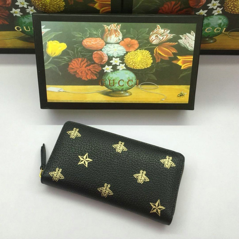グッチ GUCCI 057-GG495062 2019年最新入荷 ジップアラウンドウォレット ハチプリント スター ファスナー長財布 カーフスキン 黒 プレゼント ギフト