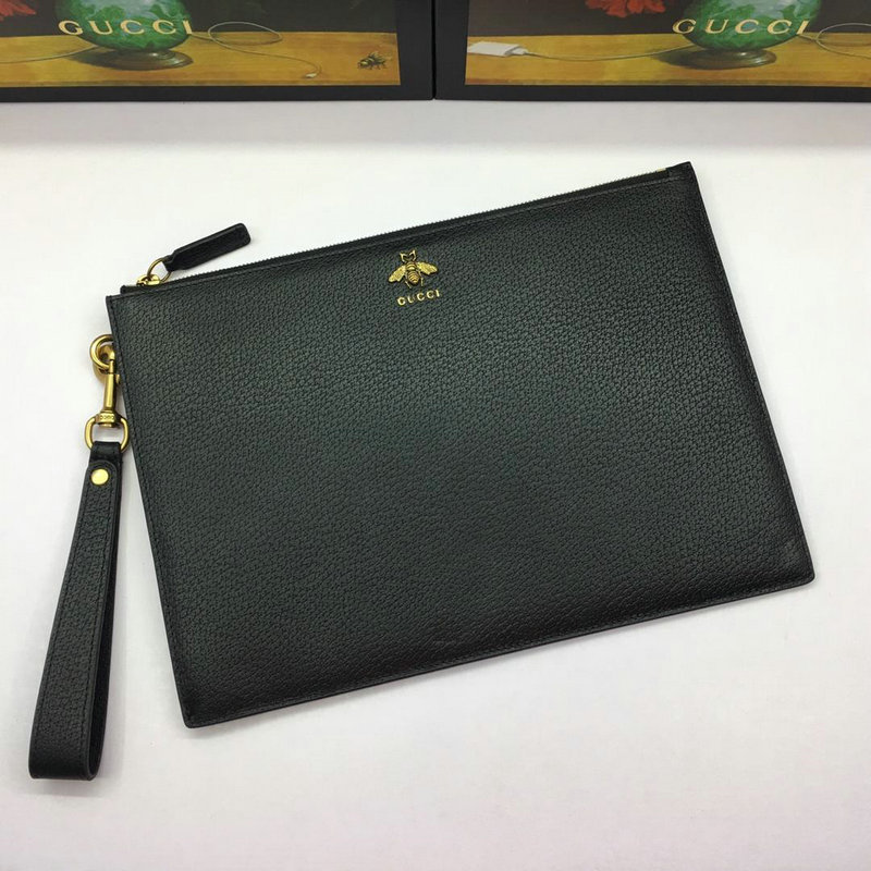 グッチ GUCCI 057-GG523684 2019年最新入荷 ハチ 手持ちかばん クラッチバッグ レザー ハチ ポーチ メンズ 黒