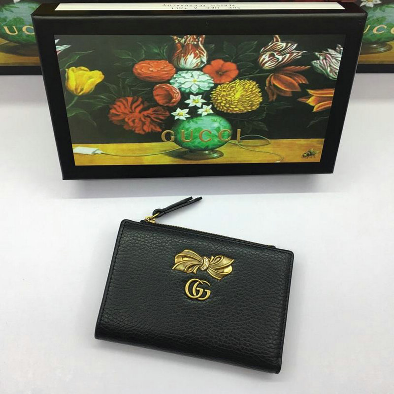 グッチ GUCCI 057-GG524300 2019年最新入荷 ボウ レザー 二つ折り短財布 小銭入れ コイン付き 札入れ付き 黒