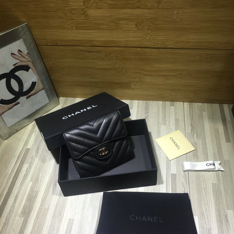 シャネル CHANEL CC-CH48980V 2019年最新入荷 三つ折り短財布 小銭入れ コインケース カードケース ラムスキン 黒