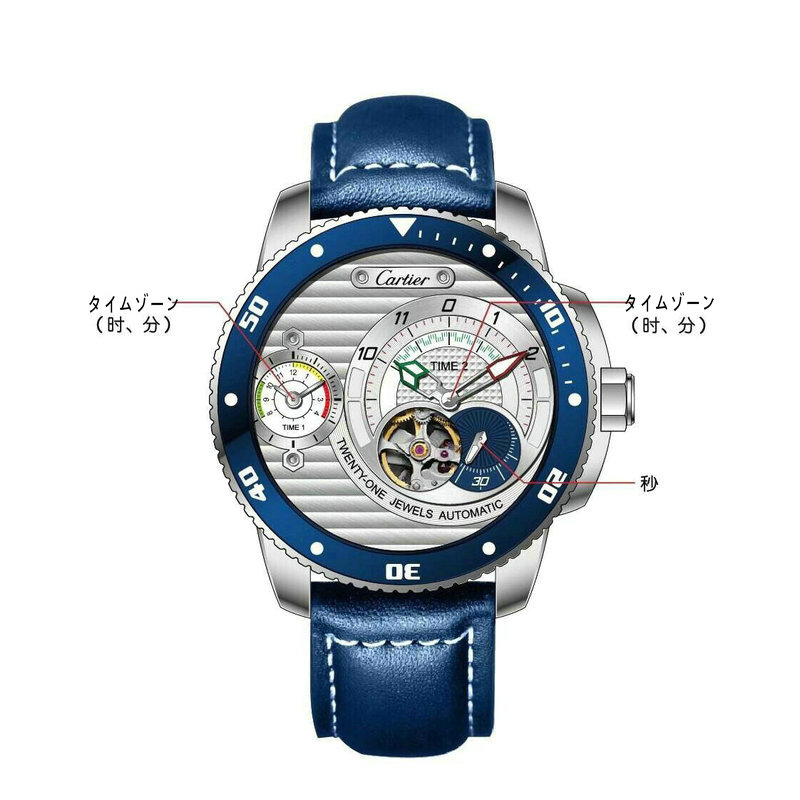 カルティエ ZX-CAT19016 CARTIER 2019年最新入荷 ダブルタイムゾーン ウォッチ 腕時計 メンズ 時計 本革ベルト