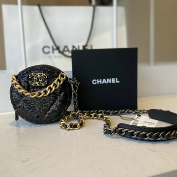 シャンル CHANEL JS-CH0945ZBK　2020年最新入荷 19 チェーン クラッチ 斜め掛け ショルダーバッグ ラウンドバッグ クロスボディ スパンコール カーフスキン