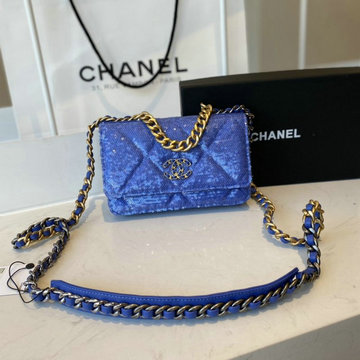 シャネル CHANEL JS-CH0957ZLS　2020年最新入荷 19 チェーンウォレット フラップバッグ 斜め掛け ショルダーバッグ クロスボディ スパンコール ラムスキン