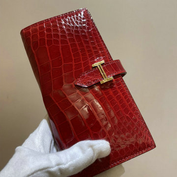 エルメス HERMES 063-H208EPJRD　2021最新入荷 ベアン ロングウォレット 二つ折り長財布 ロングウォレット 札入れ カードポケット付き 小銭入れ コインケース クロコ革