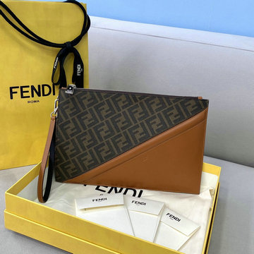 フェンディ FENDI 168-FD8371TH　2021年最新入荷 手持ちかばん ブラウンファブリック クラッチ ストラップ付き ポーチ メンズバッグ