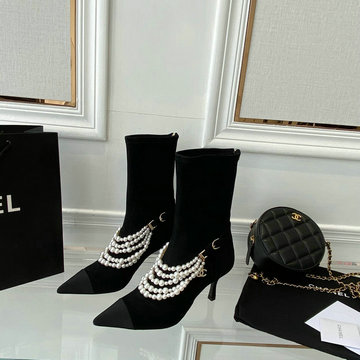 シャネル CHANEL 26-CHJ21078R　2021年秋冬最新入荷 ショートブーツ ハイヒールシューズ ピンヒール パールチェーン付き レディースシューズ 靴 スエード