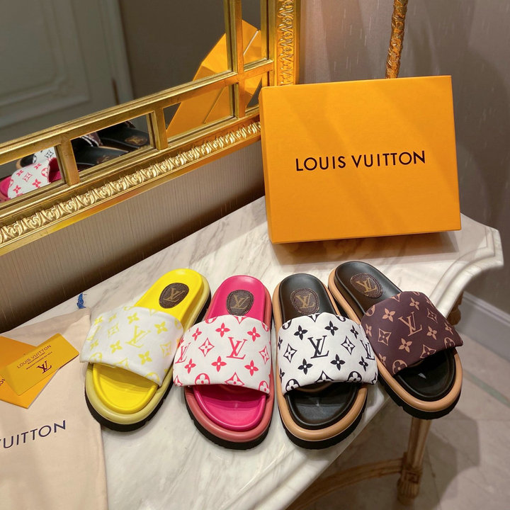 商品名称：ルイヴィトン LOUISVUITTON 26-LVJ22028B　2022年最新入荷 LVサンセット ライン ミュール スライドサンダル スリッパ 男女兼用 厚底ミュール パッド付きアッパー