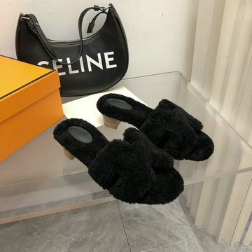 エルメス HERMES 99-HEJ22019BK　2022年秋冬最新入荷 テディ オラン スライドサンダル ウール ローヒールミュール 暖かい レディースシューズ サンダル カーフレザー