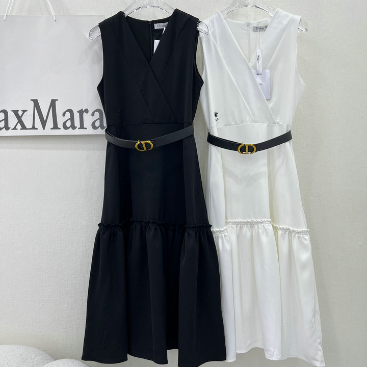 クリスチャンディオール CHRISTIAN DIOR JS-KQCD23005　2023年春夏最新入荷 ノースリーブ ミディドレス OL ワンピース レディース ティアードスカート ベルト付き