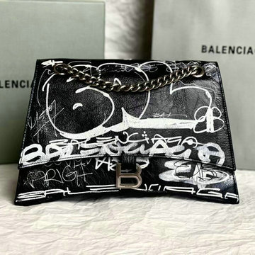 バレンシアガ BALENCIAGA GH-BA7163932TBK 2023年最新入荷 Hourglass ミディアム チェーンバッグ ショルダーバッグ クロスボディバッグ クラッシュカーフスキン