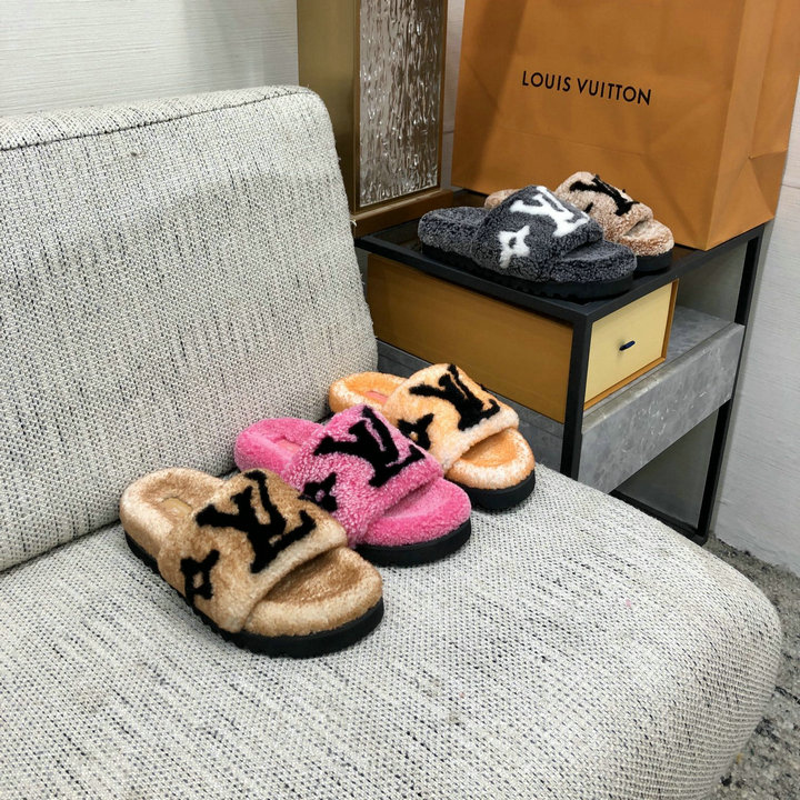 ルイヴィトン LOUISVUITTON 26-LVJ23025MG 2023年最新入荷 スライドサンダル 暖かい ウールミュール フラットフォーム レディース スリッパ 靴