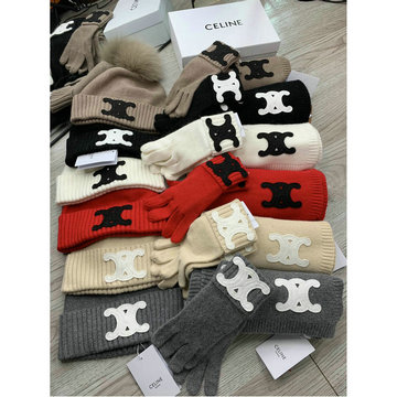 セリーヌ CELINE AN-MTCE23001  2023年最新入荷 3点セットアップ ウールニット マフラー 手袋 帽子