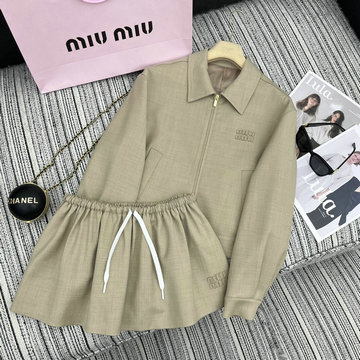 ミュウミュウ MIUMIU JS-TZMM24001 2024年秋冬最新入荷 レディース セットアップ ジップジャケット ドローストリングスカート ミニスカート