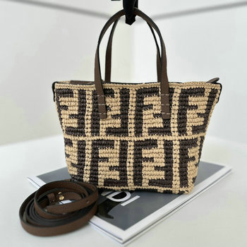 フェンディ FENDI 168-FD8BS096BXK 2024年最新入荷 ロール ミニ ハンドバッグ ブラウンFFラフィア クロシェミニバッグ トートバッグ レディース
