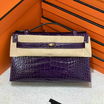 エルメス HERMES 063-HKL22EMJJZ  2024年最新入荷 ポシェットケリー 外縫い クロコダイル アリゲーター ガロン パープル ゴールド金具 ハンドバッグ