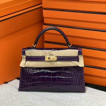 商品名称：エルメス HERMES 063-HKL19EMJJZ 2024年最新入荷 ミニケリー2 外縫い クロコダイル アリゲーター ガロン パープル ハゴールド金具 ンドバッグ