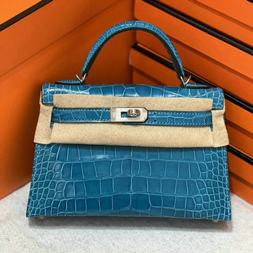 エルメス HERMES 063-HKL19EMYHL 2024年最新入荷 ミニケリー2 外縫い クロコダイル アリゲーター ブルー シルバー金具 ハンドバッグ