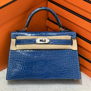 エルメス HERMES 063-HKL19EMYLL 2024年最新入荷 ミニケリー2 外縫い クロコダイル アリゲーター 瑠璃色 シルバー金具 ハンドバッグ