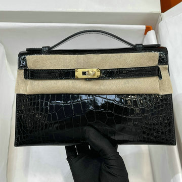 エルメス HERMES 063-HKL22EGJBK 2024年最新入荷 ポシェットケリー 外縫い クロコダイル アリゲーター ブラック ゴールド金具 ハンドバッグ