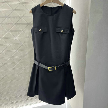 ミュウミュウ MIUMIU 2025年最新入荷 ベルド付き プリーツ ミニドレス ノースリーブ レディース カジュアル おしゃれ