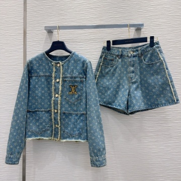ルイヴィトン LOUISVUITTON 2025年最新入荷 モノグラム デニム セットアップ ロングスリーブジャケット ショーツ 上下セット レディース おしゃれ