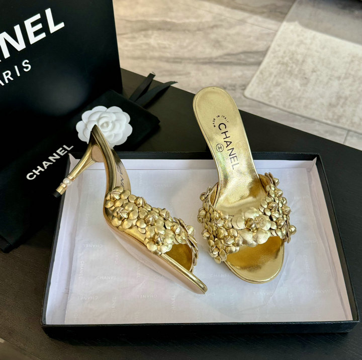 シャネル CHANEL 2025年新作 カメリア ミディヒールスライド ピンヒールシューズ サンダル レディース