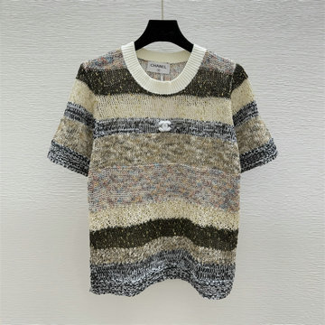 商品名称：シャネル CHANEL XG-MDCH25020  2025年新作 ストライプ ニットシャツ ショートスリーブ セーター レディース