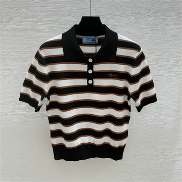 商品名称：プラダ PRADA XG-MDPD25002 2025年新作 ストライプ ニット ポロシャツ ショートスリーブ セーター レディース