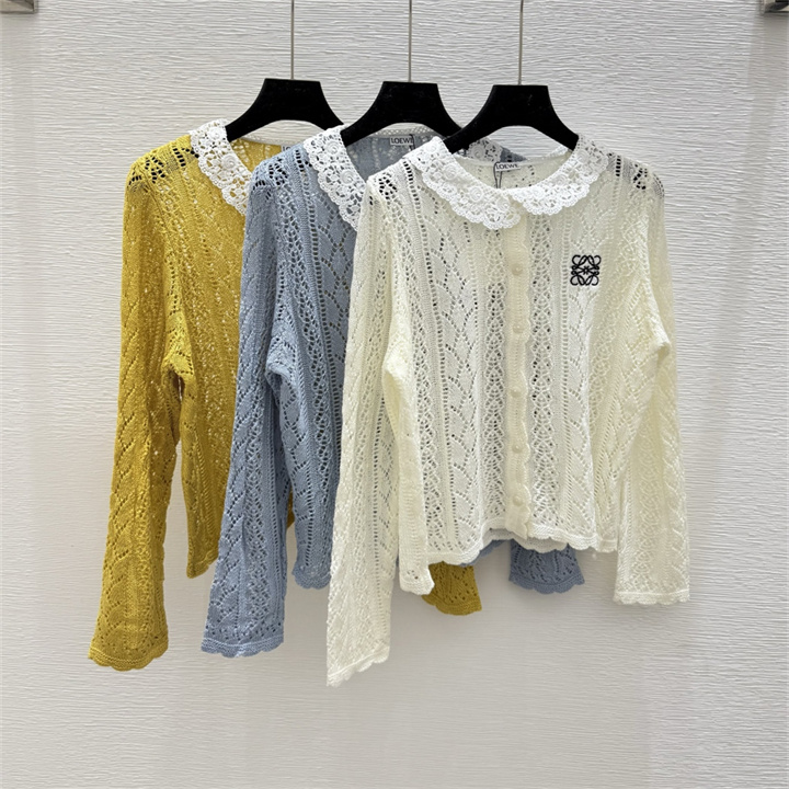 ロエベ LOEWE XG-MCLE250012025年新作 ロングスリーブ 透かし彫り ニットセーター レース 开襟 トップス レディース