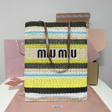 ミュウミュウ MIUMIU 057-MM5BG248TYL2025年新作 ラフィアエフェクトウーブン トートバッグ 肩掛け ショルダーバッグ レディース