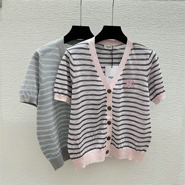 商品細詳を見る:セリーヌ CELINE 2026年新作 ストライプ ショートスリーブ カーディガン ウール セーター Vネック レディース