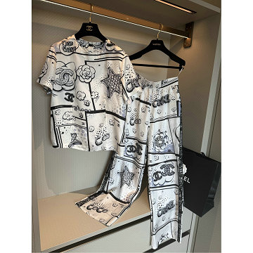 シャネル CHANEL 2026年新作 上下セット シルク Tシャツ プリント パンツ カジュアル